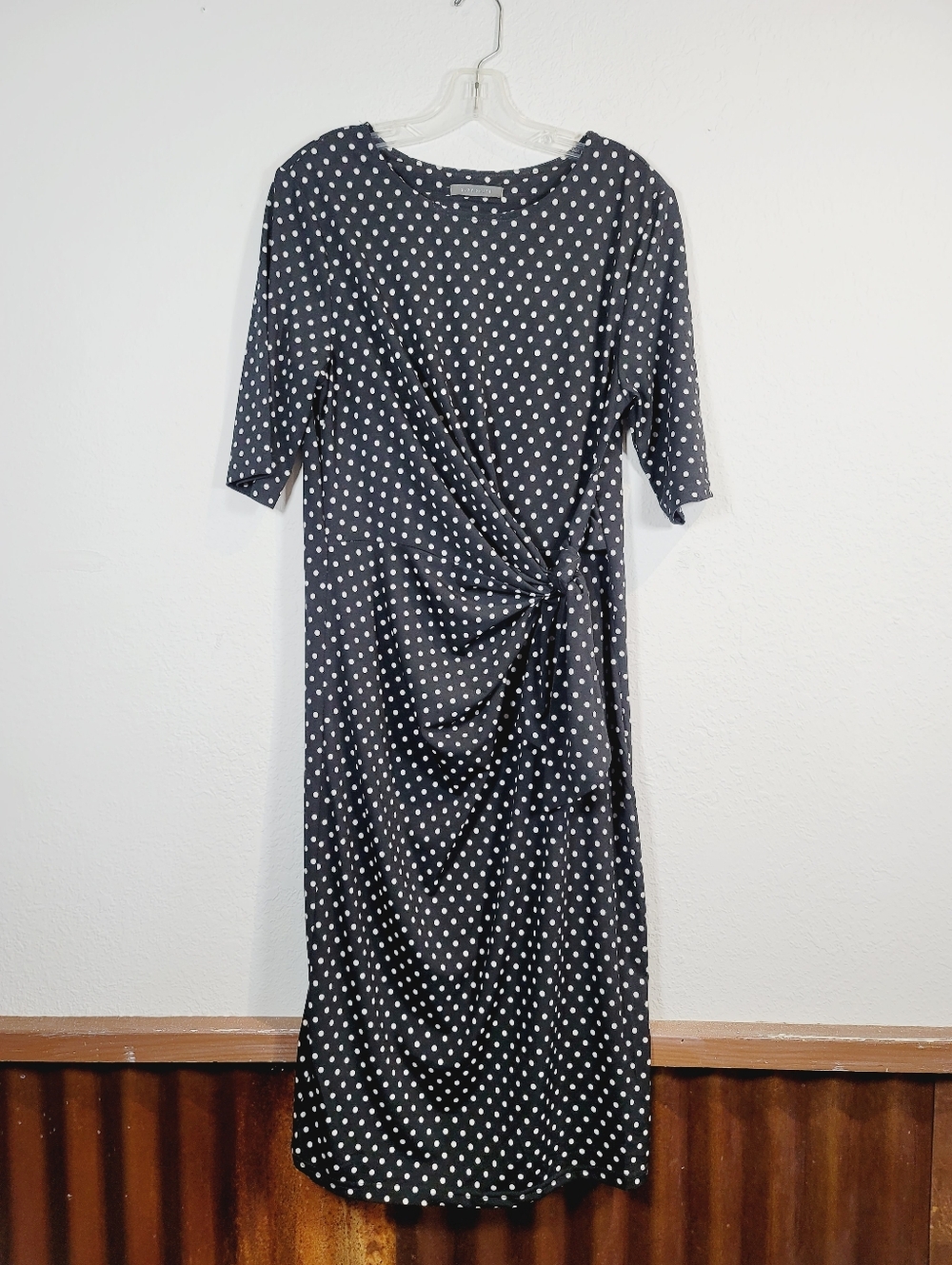 Suzy Shier Black & White Polka Dot Midi Twist Dress, Size Medium/Large